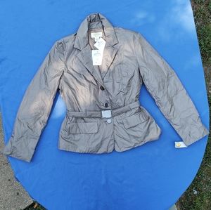 Talbots olive green coat with buttons and a belt